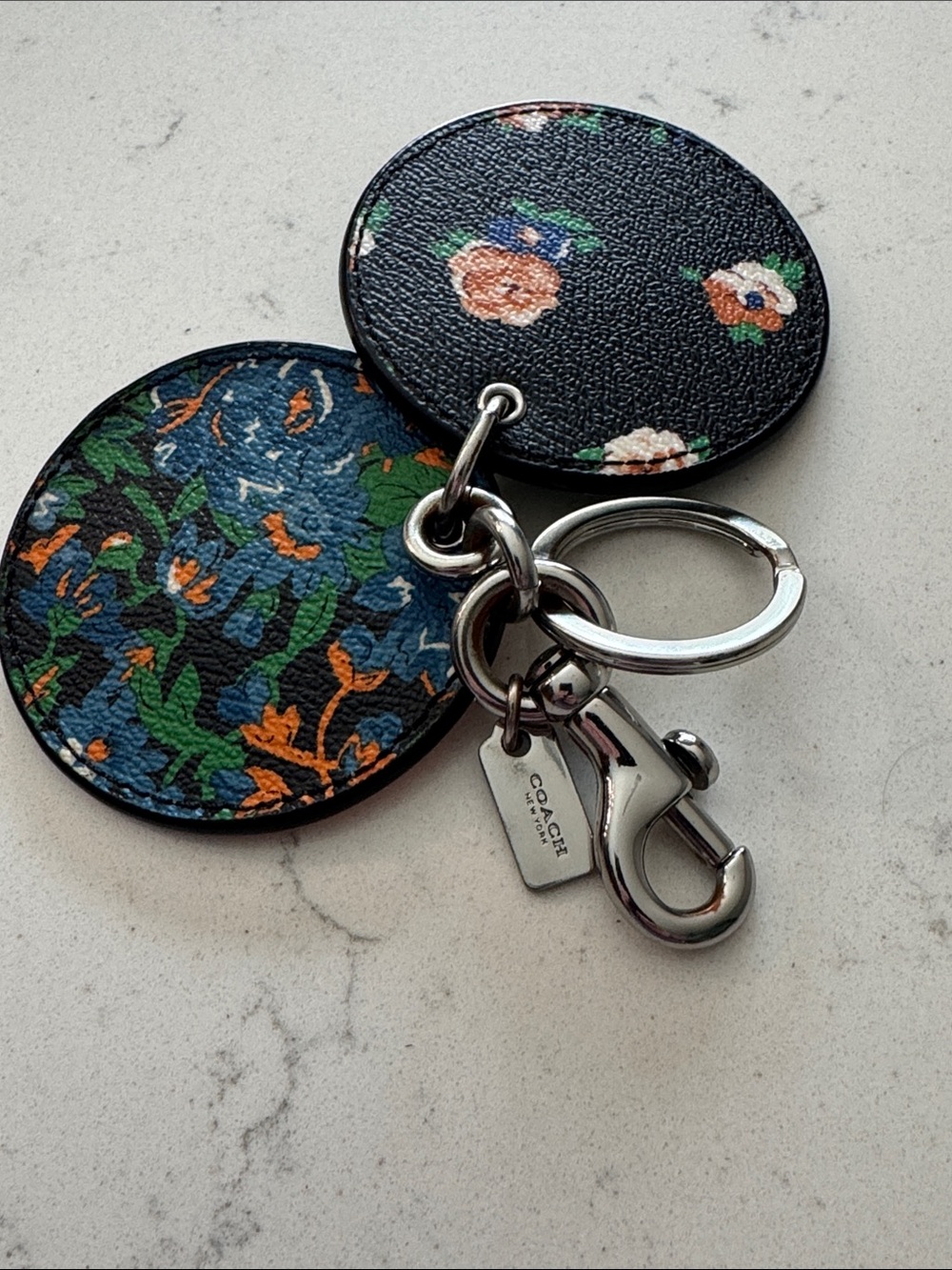 Coach Silver-tone Keychain with Blue and Green Accent Mirror Floral Purse Bag